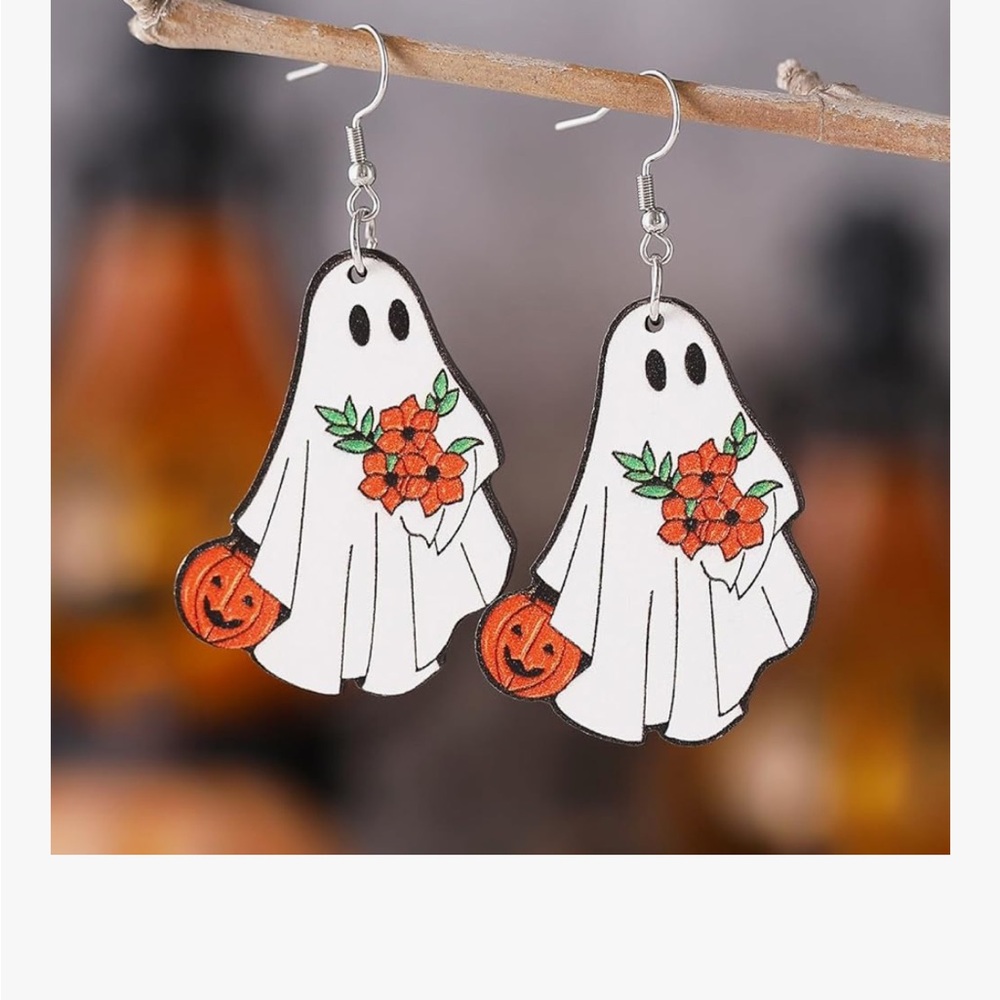 Halloween Earrings: Ghost with Pumpkin and Flowers